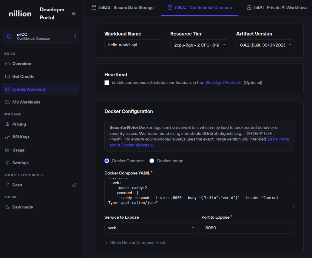 nilCC Create Workload
